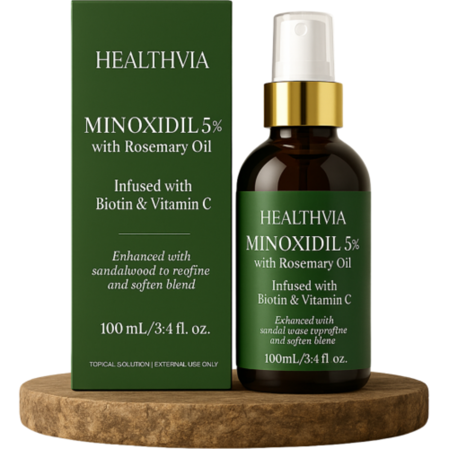 Healthvia Minoxidil 5% bottle and packaging on a wooden stand with a white background